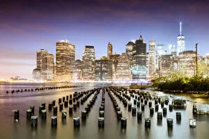 East River Collection: Lower Manhattan skyline at night, New York, USA