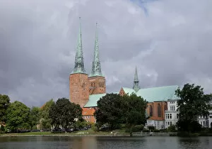 Images Dated 20th August 2014: Lubeck Cathedral on Muhlenteich pond, Lubeck, Schleswig-Holstein, Germany