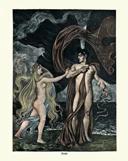 Art Nouveau Gallery: Lucifer holding serpents, approached by a blond haired goddess, Art Nouveau