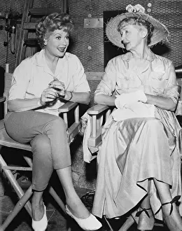 Lucille Ball and Hedda Hopper Sitting on RKO Hollywood Sound Stage