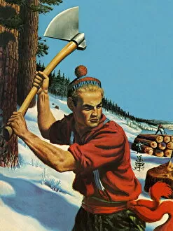 Images Dated 18th February 2015: Lumberjack Swinging a Large Ax