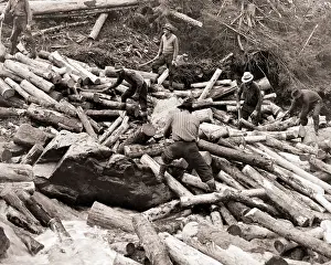Wisconsin Prints: Lumberjacks Clean Up Log Jam on Stream