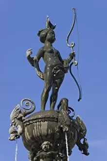 Images Dated 12th September 2014: Luna sculpture on the Luna Fountain, 1530, against blue sky, market square, Luneburg, Lower Saxony