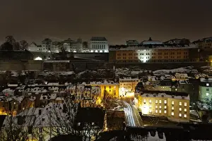 Luxembourg old city at night and snowcapped