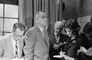 Prints of (Original Caption). Vice President Lyndon Johnson, a close, personal friend of Sam Rayburn, makes a statement to newsmen after learning of the death of the House Speaker today LBJ Unveiled: Iconic Moments from a Presidential Era: Lyndon B. Johnson at Microphones