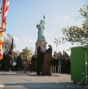 Lyndon Johnson Addressing Crowd on Liberty Island