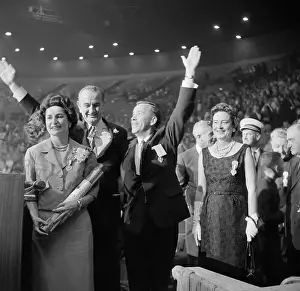 Prints of (Original Caption). Senator Lyndon B. Johnson acknowledges cheers of Democratic Convention delegates here 7/14/60 after accepting nomination for Vice President LBJ Unveiled: Iconic Moments from a Presidential Era: Lyndon Johnson Celebrating Vice President Nomination