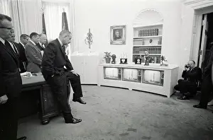 Down Prints: Lyndon Johnson Watching Monitor; On Desk