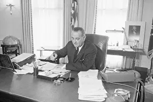 Lyndon Johnson at White House Desk