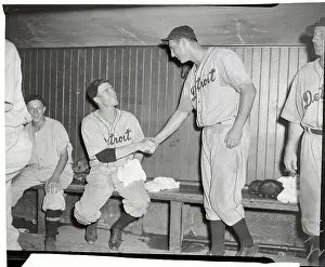 Lynwood Rowe Shaking Hand of Hank Greenberg in Locker Room