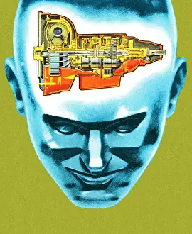 Green Background Prints: Machine Head Man