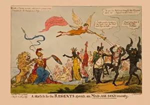 Prints of War of 1812 political cartoon Print: A Sketch of the Regent's speech on MAD-ASS-SON'S insanity, by George Cruikshank, published December 1812 A Master Illustrator’s Satirical Vision of 19th-Century Britain: MAD-ASS-SON'S insanity