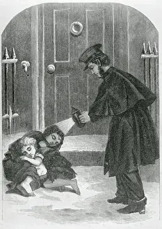 Homelessness Prints: Magazine Illustration Depicting a Policeman Discovering Sleeping Orphans