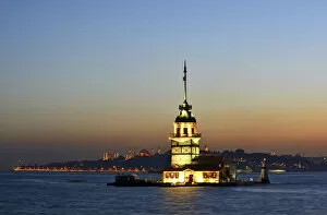 Maidens Tower in the Bosporus, left the Blue Mosque and Hagia Sophia; from Uskudar, Istanbul, Turkey