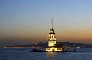 Istanbul Province Prints: Maidens Tower in the Bosporus, left the Blue Mosque and Hagia Sophia; from Uskudar