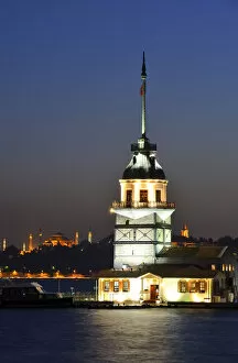 Maidens Tower in the Bosporus, left the Hagia Sophia, Uskudar, Istanbul, Turkey