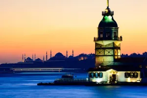 Mosques Around The World Prints: The Maidens Tower Flanked by Aya Sofya and the Blue Mosque on the Bosphorus