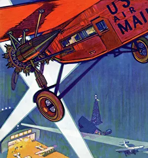 Magazine Prints: US Mail Plane lands under searchlights at airport