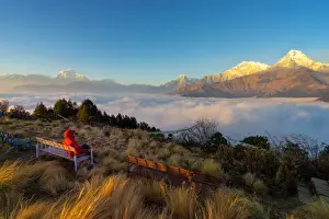 Annapurna Range Prints: The majestic panorama view of Himalayan mountain range during sunrise view from Poon Hill view point at Nepal