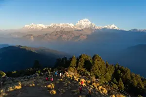 Annapurna Range Prints: The majestic panorama view of Himalayan mountain range during sunrise view from Poon Hill view point at Nepal