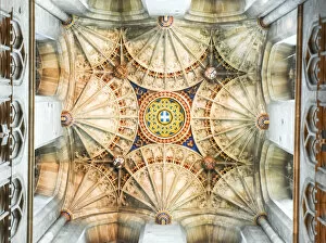 Majestic tracery details on crossing ceiling with fan vaulting in Canterbury Cathedral in
