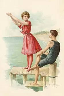 Trunk Collection: Male And Female Swimmer On Pier