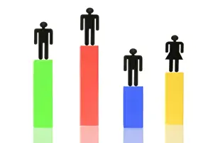 Occupations Prints: Three male figures and one female figure standing on different coloured columns of various heights