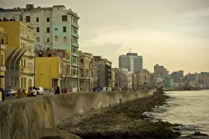 Police Prints: Malecon Avenue Coastal Road in Havana Cuba with Vintage Apartments and Urban Skyline