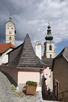 Churchtowers Prints: Malerwinkel townscape, steeples of Frauenbergkirche Church and the Church of St Nicholas
