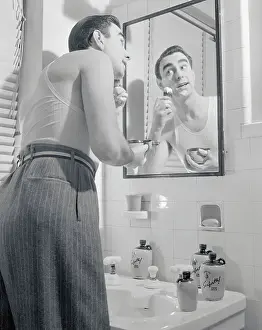 Bathroom Prints: Man Applying Shaving Soap in Mirror