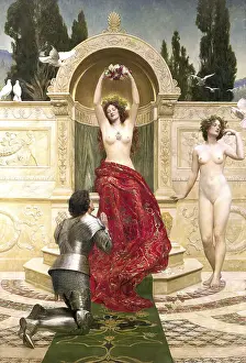 Armor Prints: A man in armour kneels in front of two naked woman
