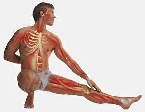 Man balancing on one foot, kneeling, other foot stretched out, hand behind back, other hand touching outstretched leg