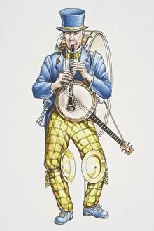 One man band, man in blue-and-yellow suit and top hat playing clarinet while carrying banjo on his shoulders