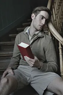 Ambiance Prints: Man with book in a stairwell, nostalgic portrait