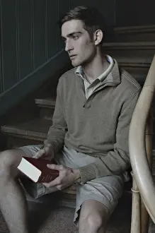 Ambiance Prints: Man with book in a stairwell, nostalgic portrait