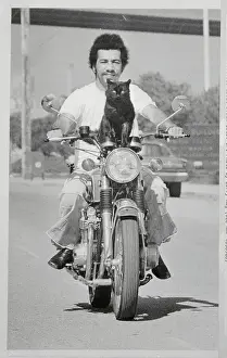 San Pedro Prints: Man and Cat Traveling by Motorcycle
