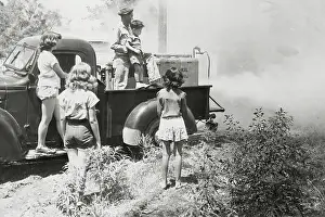 Poliomyelitis Prints: Man with Children Gazing at Polio Vaccine Spraying from Afar