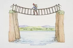Man crossing rope bridge spanning river, mountain landscape in background