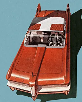 Road Trip Prints: Man Driving Large Red Car