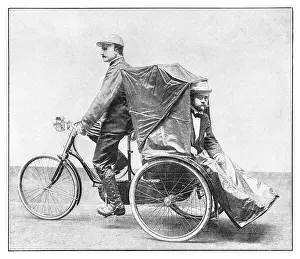 Man driving tricycle or pedicab in Berlin for public transportation in Berlin Germany