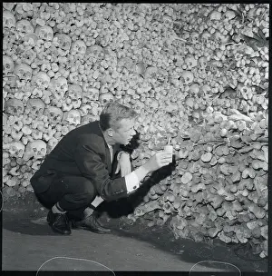 Man Examining Pile of Skeleton Remains