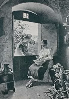 Images Dated 20th December 2019: Man flirting through werner schwab (offene Fenster) with a woman doing kitchen work, 1889