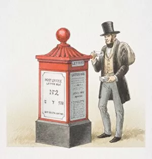 Images Dated 19th April 2006: Man in top hat holding letter by 1850 Pillar box, front view