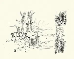 Man and horseback waving goodbye to his sweetheart, Victorian