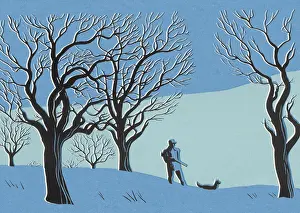 Striding Prints: Man Hunting With his Dog