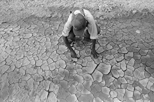 Man Inspecting Dry Cracked Soil