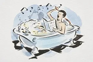 Man lying in bubble bath holding sheet of musical notations in one hand, scrubbing his back with brush in the other, singing with notes flying up in the air above him