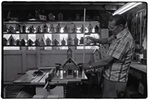 Birdhouse Prints: Man Measuring Pole for Birdhouse