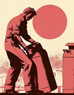 Illustration An Prints: Man Moving Milk Cans