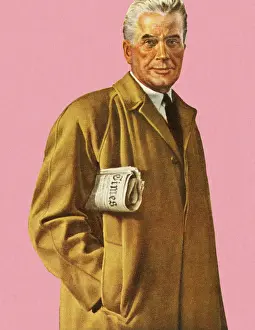 Man in Overcoat Holding Newspaper